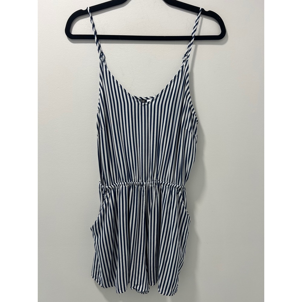 H&M Divided Navy Blue White Striped Romper Sleeveless Pockets Size 8
